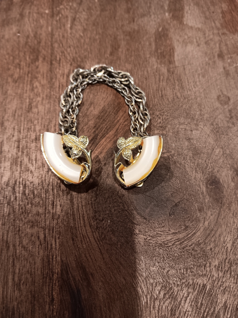 Vintage Gold-Tone White Enamel Floral Clip-On Sweater Guard